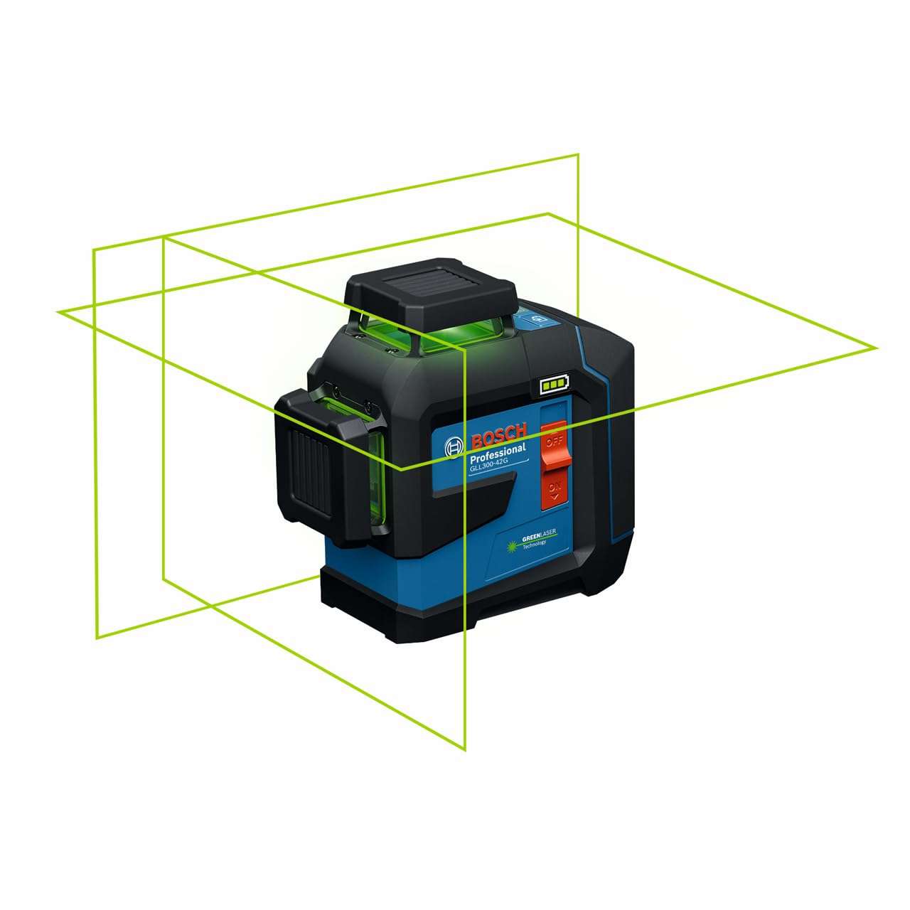 Bosch GLL300-42GL 360º Green-Beam Three-Plane Leveling and Alignment Laser, Self-Leveling, Li-Ion Battery, USB-C Charging, IP65 Rated, 100 Ft. Range