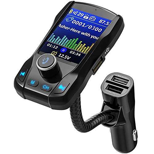 VicTsing 1.8 Color Display Bluetooth FM Transmitter for Car, Wireless Bluetooth Car Adapter with EQ Mode, Power Off, 3 USB Ports, 4 Music Playing, Hands-Free Calls, AUX Input 1