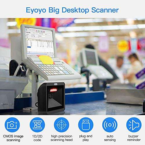 Eyoyo Hands-Free 2D QR Barcode Scanner, Omnidirectional Desktop Automatic 1D Barcode Reader Big Scan Window to Read PDF417 on ID Card, Driver's License, Passport for Supermarket Library Retail Store 3