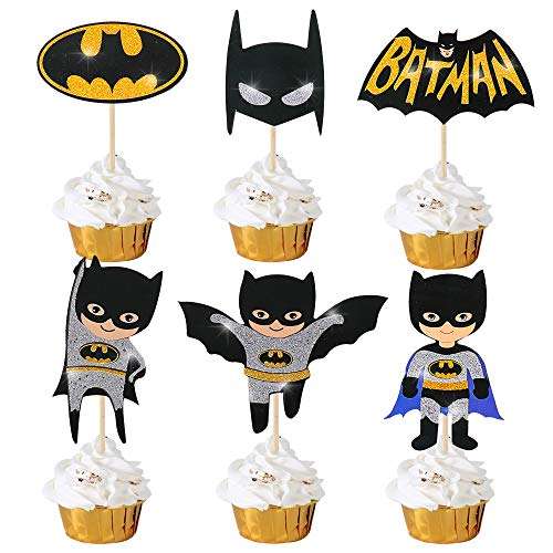 Batman Birthday Supplies Cupcake Toppers Batman Theme Party Glitter Decorations for Kids Birthday Super Hero Theme Party Baby Shower Favor Supplies Set of 24 Double-sided Printing 1
