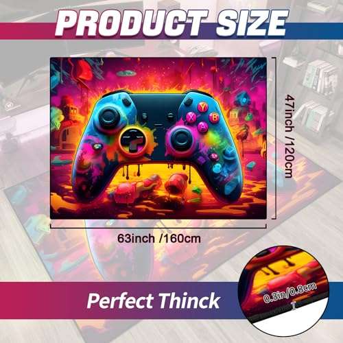 Gaming Area Rug Teen Boys Carpet, Lava Design Gamepad and Colorful Bomb Background Game Controller Design for Game Room, Gaming Room, Boys Girls Bedroom Playroom, Living Room (63"x47" - 160x120cm) 2