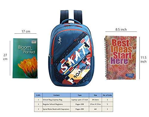 MaBelle ASTRO PLUS 01 SKYBAG Trendy Design 34L School/College Bag Combo with 1 Single Line Spiral Binding 200 Pages Notebook & 5 Register (108 Pages) ,-01 Set/Premium Materials/ - Teal Blue 2
