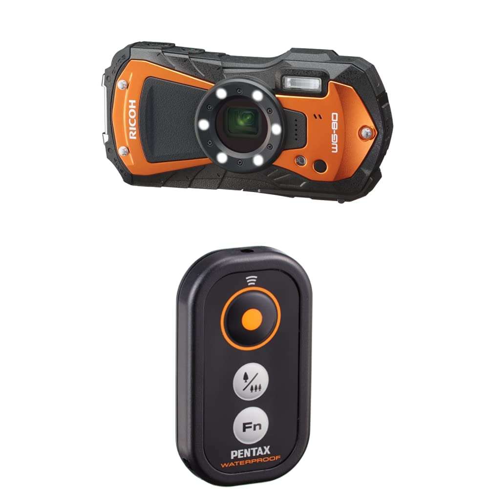 Ricoh WG-80 Orange Waterproof Digital Camera Shockproof Freezeproof Crushproof with Pentax 39892 Waterproof Remote Control Black