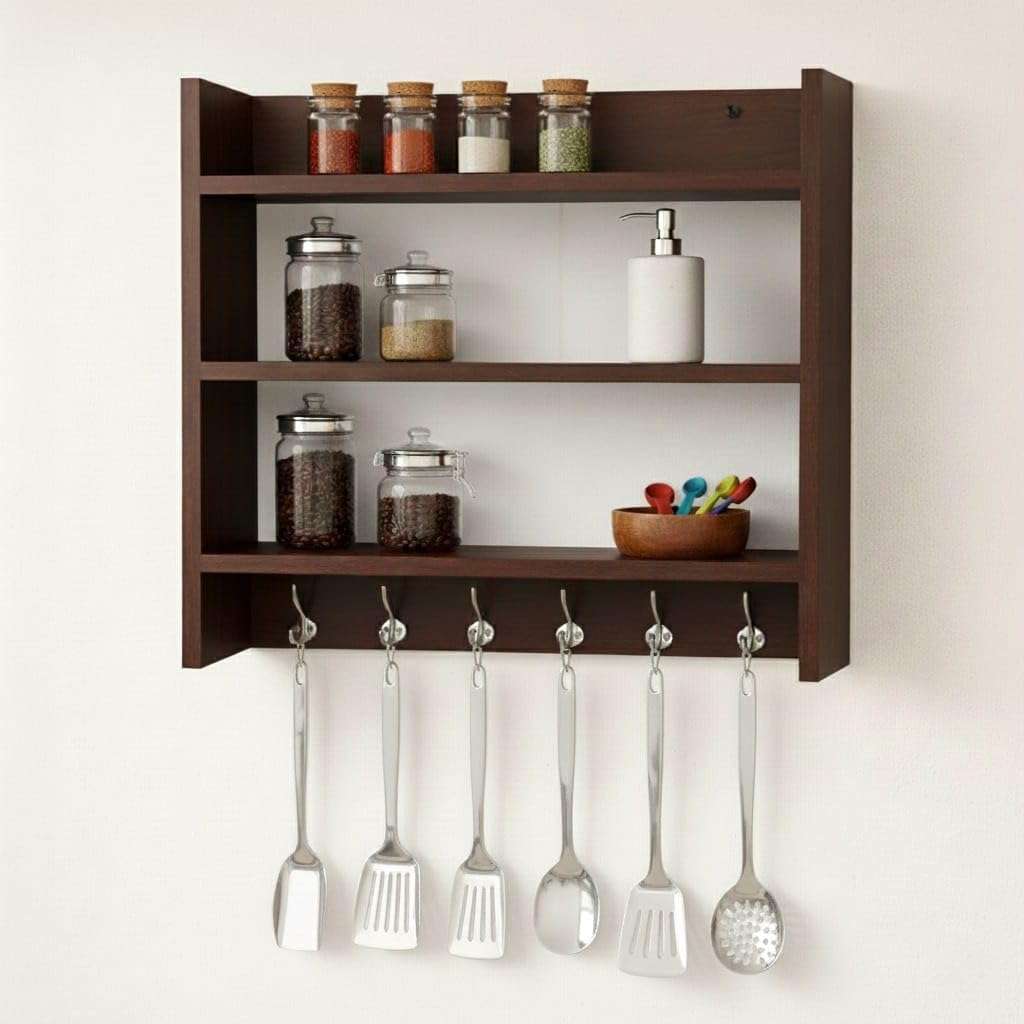 FireBees Wall Mounted Kitchen Organizer Rack Wooden with Hooks | Kitchen Shelf Storage Rack for Spices, Containers & Utensils | Wooden Kitchen Rack Wall Mounted | Kitchen Wall Storage Shelf 1