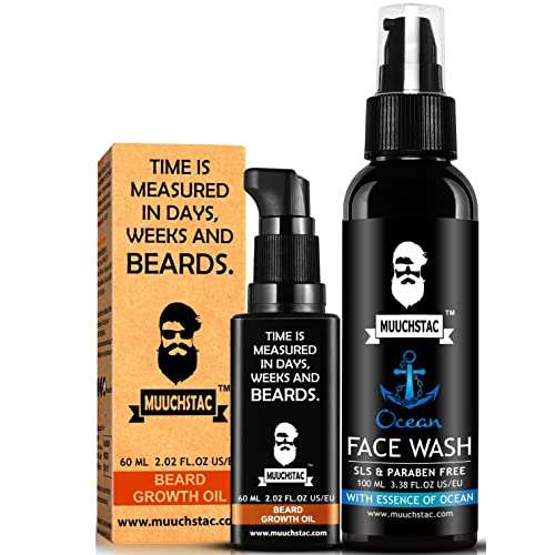 Muuchstac Men's Herbal Beard Growth Oil - 60ml & Refreshing Ocean Face Wash - Fights Acne & Pimple, Skin Whitening & Brightening - 100 ml, Sulphate & Paraben Free 1