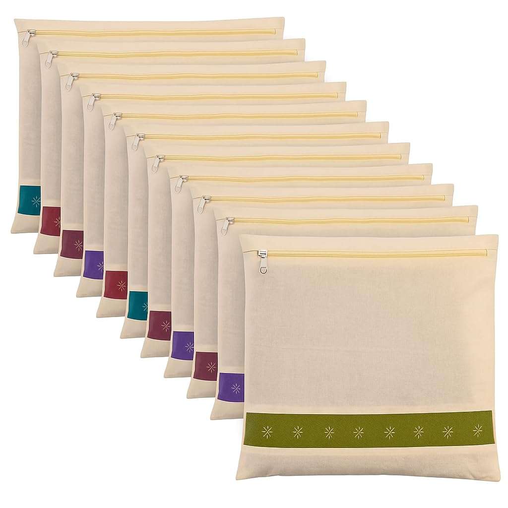 Kottify Cotton Saree Storage Bags/Covers Set of 12 | Big Size Single (16 x 14 Inches) with Zip Closure | Clothes & Wardrobe Organizer with Transparent Mesh Window | Beige