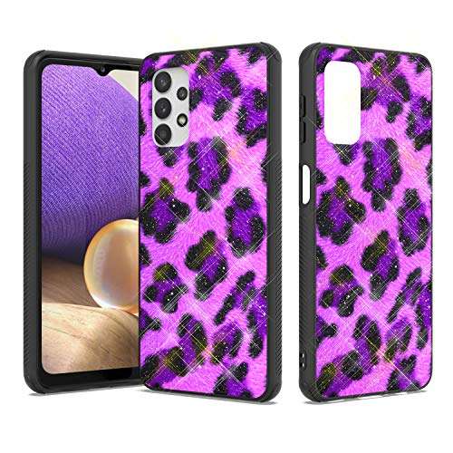 Shinewish Cell Phone Case for Samsung Galaxy A32 5G, with 3D Printed Leopard Print with Glitter Powder TPU Hybrid Shockproof Bumper Case, Purple 1
