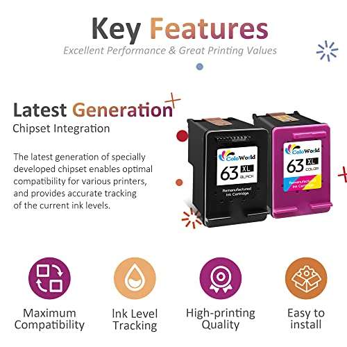 ColoWorld Remanufactured Ink Cartridge Replacement for HP 63XL 63 XL Work with Envy 4520 3634 OfficeJet 3830 3831 5252 4650 5258 5255 DeskJet 3636 3630 1112 1110 3637 3639 Printer (2 Black, 1 Color) 4
