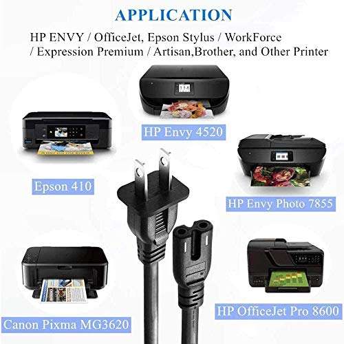 AC Power Cord for HP Envy 5055 4520 4500 4501 5660 5530 5535 5540 5640 7640 7645 100 110 120 Envy Photo 6255 7155 7855 Officejet Pro 6830 8600 9015, Replacement Printer Cable 2 Prong 6FT [UL Listed] 2