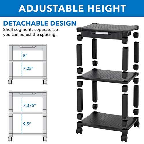 Mount-It! Mobile Printer Stand with Drawer | Height Adjustable Printer Cart with 4 Swivel Wheels and Cable Management | Rolling Printer Stand with Storage, 3 Tier (Black) 4