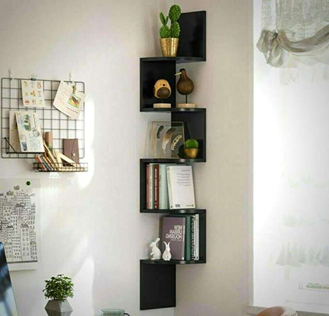 Wooden Cave Corner robustic L-Shape Shelf for Bathroom, Kitchens, Living Room |Bathroom and Kitchen Accessories Set for Home (Black) 5