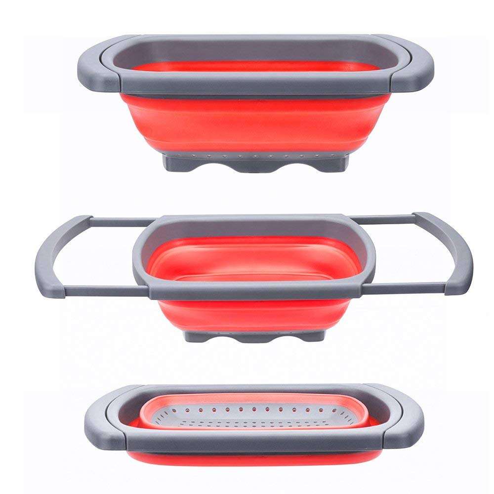 Koyet Colander Collapsible,Colander Strainer Over The Sink Veggies/Fruit Strainers and Colanders with Extendable Handles, Folding Strainer for Kitchen,BPA Free (Red&Grey) 1
