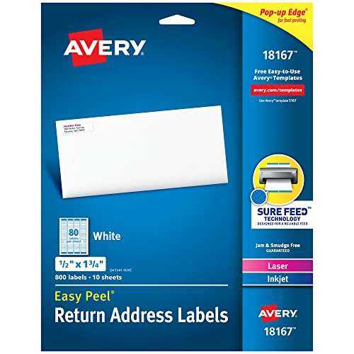 Avery Printable Return Address Labels with Sure Feed, 0.5" x 1.75", White, 800 Blank Mailing Labels (18167) 1