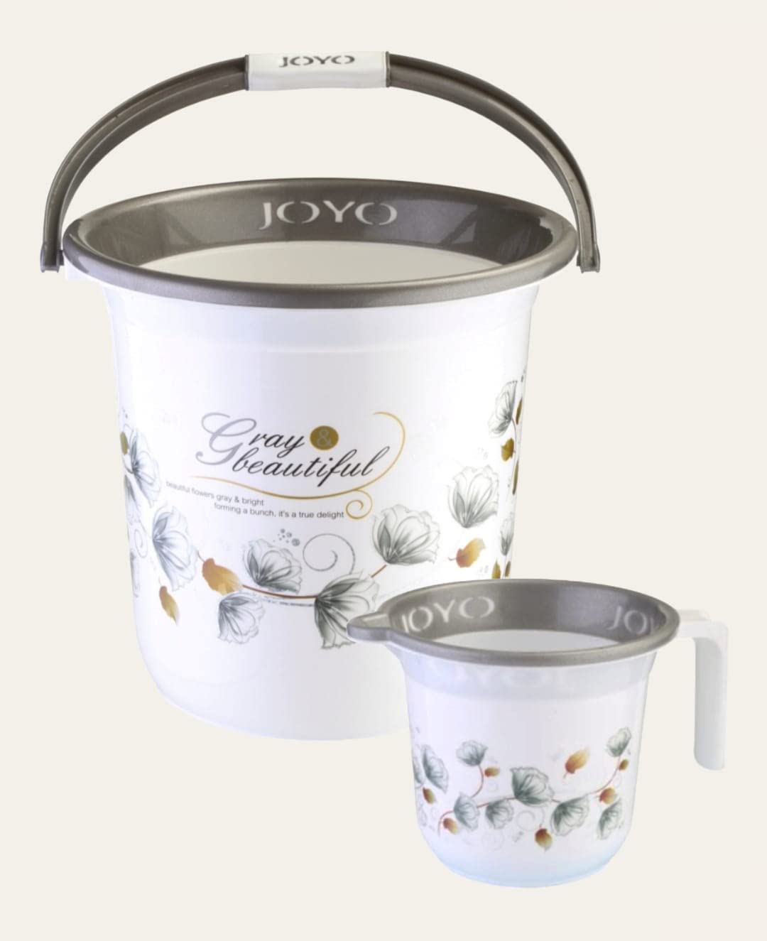 Good Luck Home Wares Joyo Better Homes Printed Plastic Bucket with Bathroom Mug Set, Bucket 20L,Mug 1100 ML ( Set of 2 ) Grey & White ( Bucket 20L- Mug 1100 ML )