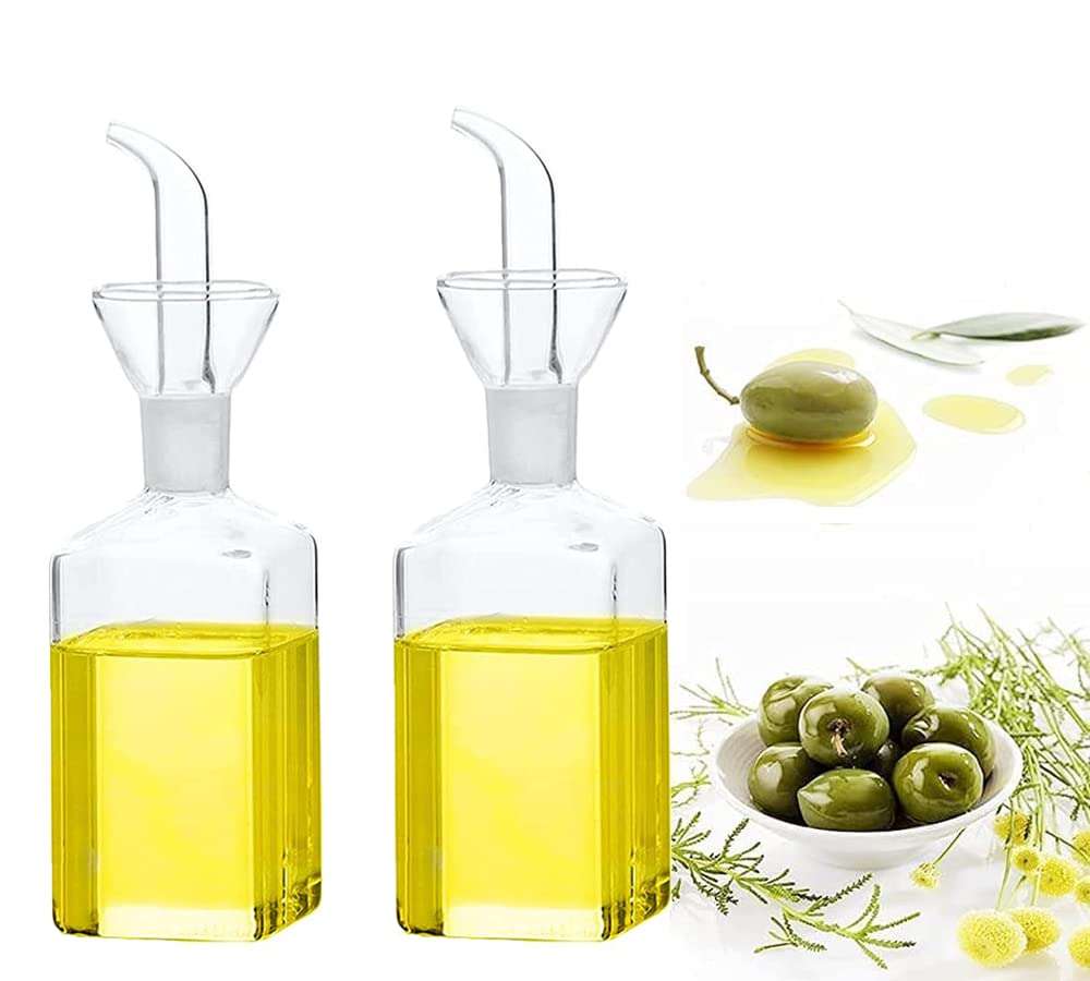 Glass Oil Bottle, 2Pcs Olive Oil Dispenser Bottle Glass, Cooking Oil Vinegar Measuring Dispenser With Spout for Dining Table and Home Kitchen and BBQ (250ml, Transparent)