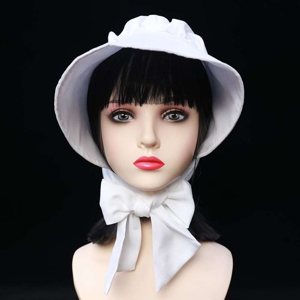 ZEUIHELO Maid Hat Peasant Amish Hat Prairie Cap Women Girls Pioneer Colonial Bonnet For Halloween Thanksgiving (Flat head style, White) 3
