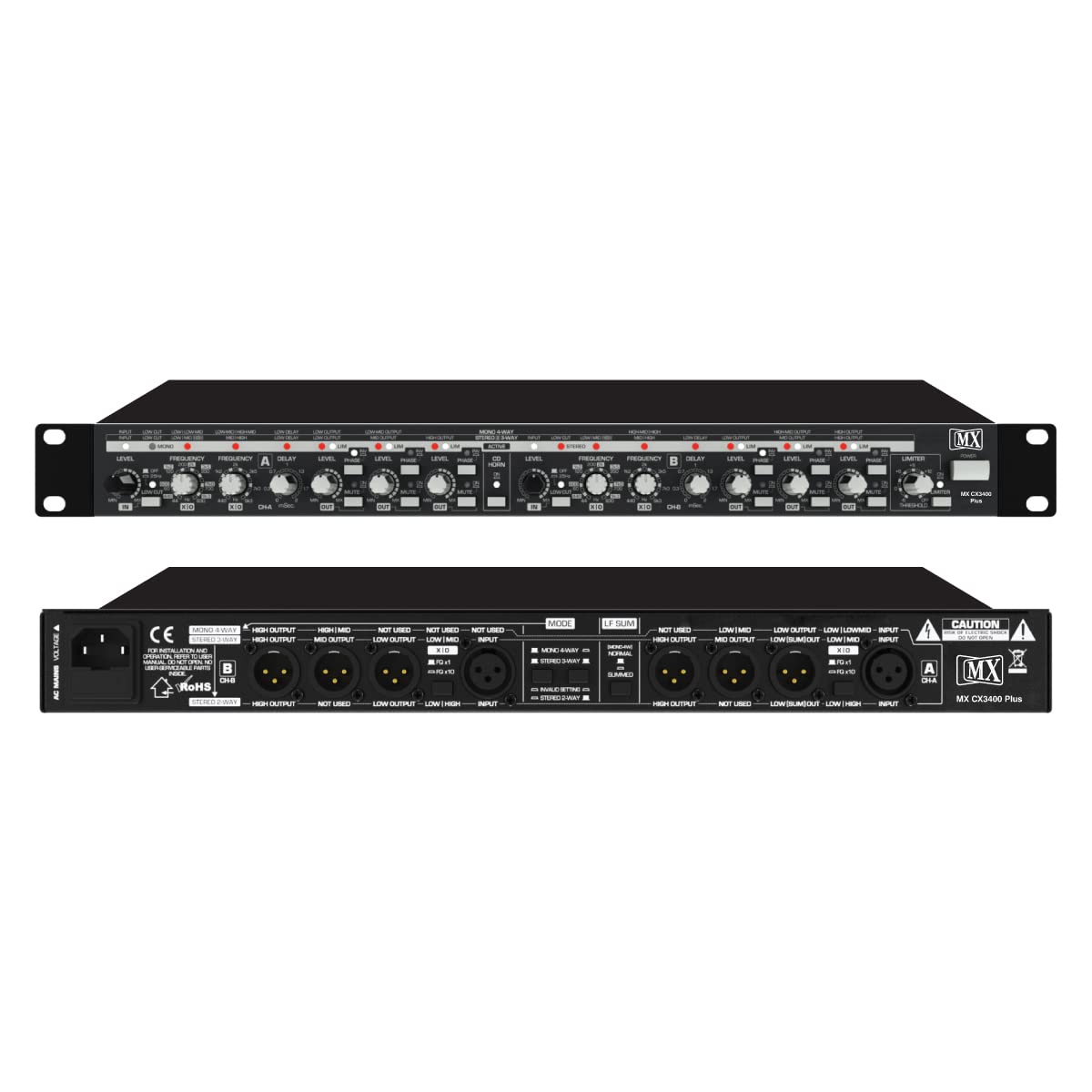 MX High Quality Stereo 2-Way/3-Way/Mono 4-Way Crossover with Limiters, Adjustable Time Delays and CD Horn Correction