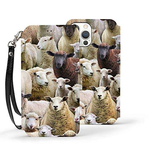Farm Animals Sheep Goat Case for iPhone 12 Pro for Women Men Leather Wallet Case with Card Holder Wrist Strap 1
