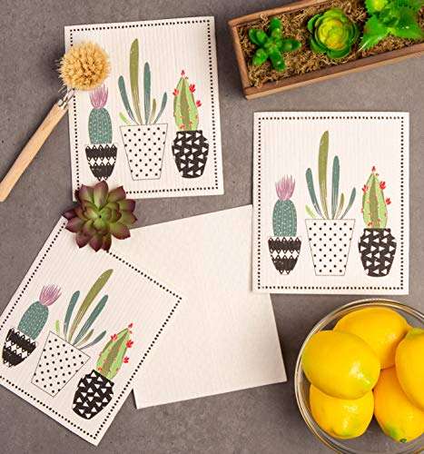DII CAMZ11079 Swedish Dishcloths, 100% Natural Cellulose, Set of 3, Reusable, Dishwasher and Microwave Safe, Environmentally Friendly Dish Cloths, 7.75x6.75, Succulents 4