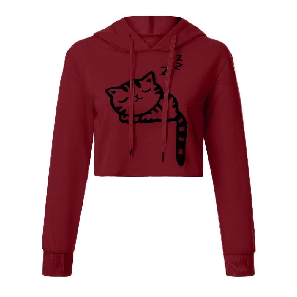 Womens Sweatshirts and Hoodies Hessimy Women's Cropped Hoodie Cute Cat Ear Long Sleeve Cotton Sweatshirts Wine Red 2
