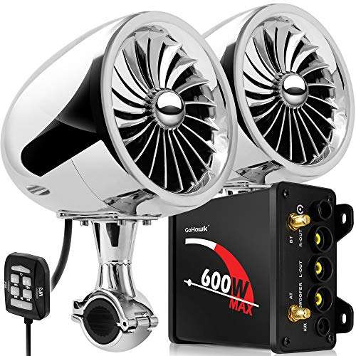 GoHawk TJ4 2.1 Channel Amplifier 4" Full Range Waterproof Bluetooth Motorcycle Stereo Speakers Audio System AUX FM Radio for 1 to 1-1/4 in. Handlebar Harley Can-Am ATV UTV RZR Polaris 1