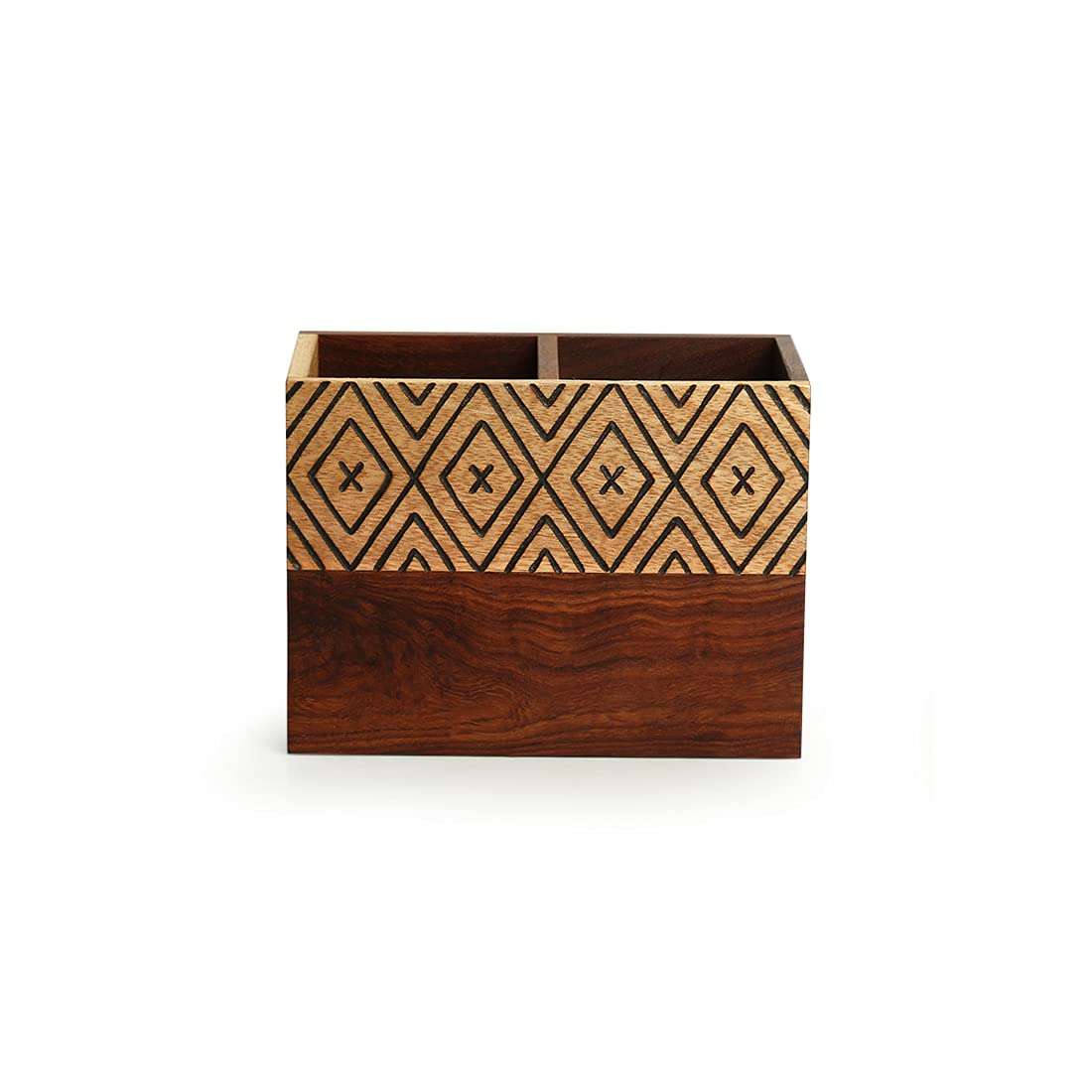 ExclusiveLane 'Chevron Chronicles' Handcrafted Table Organiser For Office Desk Organizer & Pen Stand For Study Table In Mango & Sheesham Wood 3