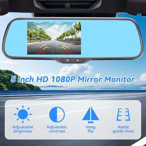 Rohent Rear View Mirror Camera - 5'' Monitor HD 1080P Backup Camera Easy Install IP69 Waterproof Clear Night Vision DIY Guide Lines for Car Truck Minivan SUV - N01 2