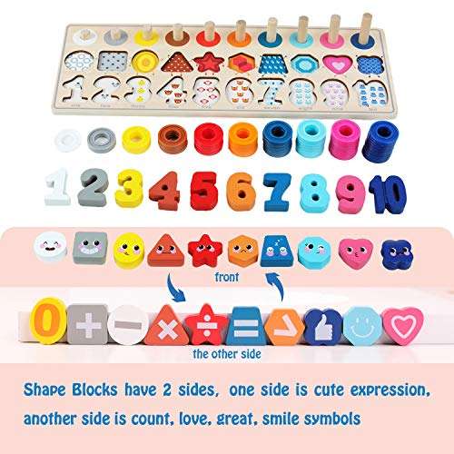 QZMTOY Wooden Montessori Toys for Kids, Toddler Number Puzzles Sorter Counting Shape Stacker Stacking Game Preschool Toys for Boy Girl Learning Education Math Blocks Chunky Puzzles Gift for Toddlers 3
