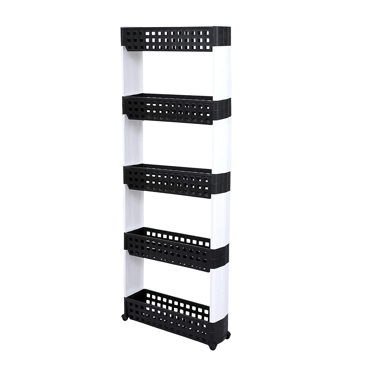 Rincy 5 Layer Multipurpose Plastic Storage Organizer Slim Rack Shelf with Wheels | Slim Slide Out Kitchen Trolley Rack Holder Storage Organ (5 Shelf, Black & White) 1