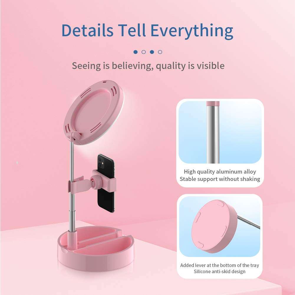 NeotrixQI Selfie Ring Light with Phone Holder, Foldable LED Desk Lamp Dimmable Phone Make Up Ringlight Stand Extendable Makeup Mirror TIK Tok YouTube Video Vlog Recording Photography Tiktok Live Stream (Pink) (G3) 5