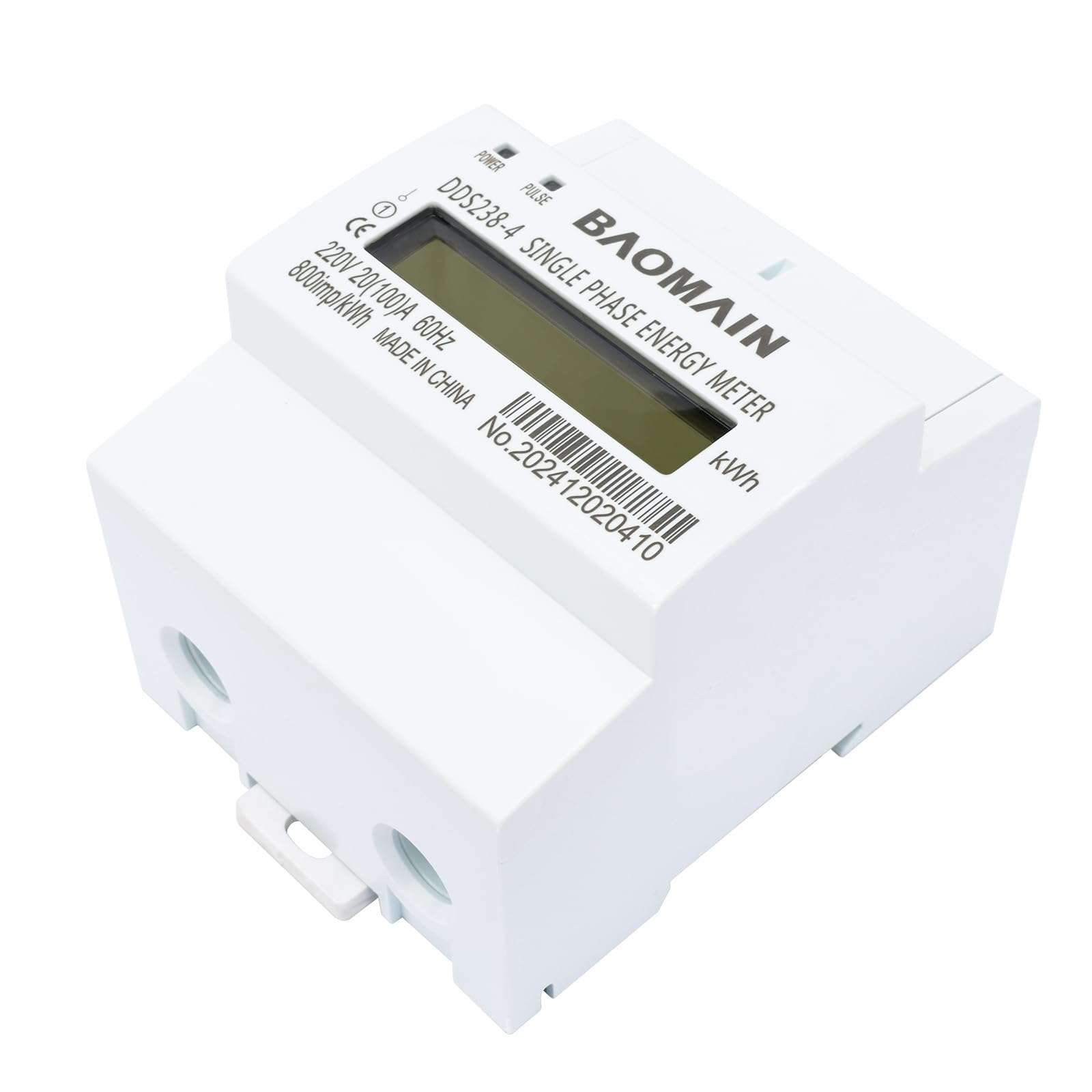 Baomain Single Phase Energy Meter 2 Wire 220V DIN-Rail Type Kilowatt Hour kwh Meter 60Hz 20 (100) A 4