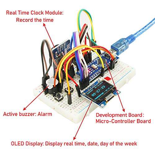 WayinTop Real Time Clock Kit with Tutorial for Arduino, DS3231 AT24C32 Clock Module + Micro SD Card Driver + Nano V3.0 Development Board + OLED 128X64 Display + Buzzer + Breadboard Jumper Wires 3