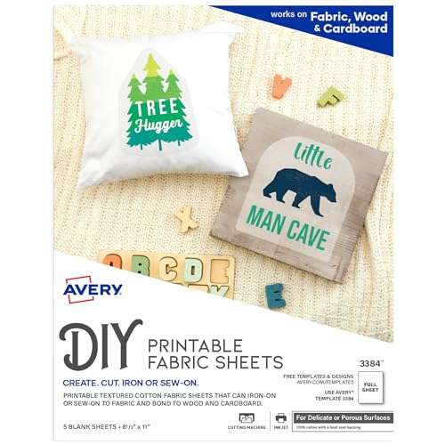 Avery Printable Fabric Sheets, 8.5" x 11", Inkjet Printer, 5 Iron On Transfer Sheets (3384) 1