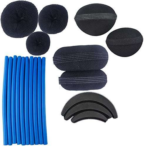 Fok Combo Pack Of 20Pc Hair Accessories, Set Of 3Pc Donut Bun Puff Maker 3 Sizes + Set Of 2Pc Oval Puff Up Volumizer Hair Styler + Set Of 3Pc Banana Bumpits Puff Maker + Set Of 2Pc Tic Tac Clip Base Hair Puff Maker + Set Of 10Pc Foam Hair Roller Sticks 1