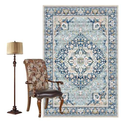 Vamcheer Washable Area Rug 5x7 - Ultra-Thin Classic Chenille Rugs for Living Room Bedroom Dining Room Traditional Carpet for Office Kitchen Non Slip Blue-Green Outdoor Vintage Rug 2