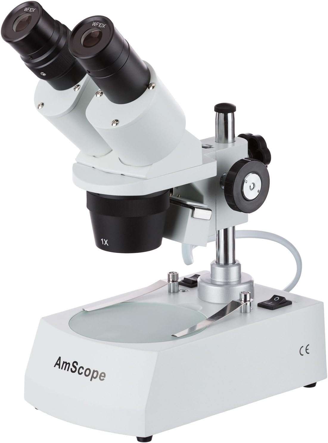 AmScope SE305R-P-LED Forward-Mounted Binocular Stereo Microscope, WF10x Eyepieces, 10X and 30X Magnification, 1X and 3X Objectives, Upper and Lower LED Lighting, Reversible Black/White Stage Plate, Pillar Stand, 120V or Battery-Powered 4