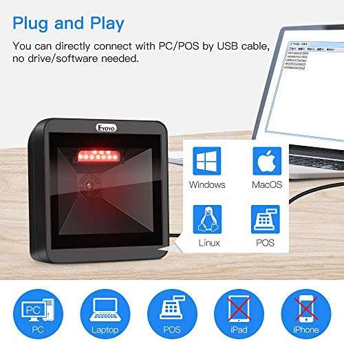Eyoyo Hands-Free 2D QR Barcode Scanner, Omnidirectional Desktop Automatic 1D Barcode Reader Big Scan Window to Read PDF417 on ID Card, Driver's License, Passport for Supermarket Library Retail Store 4