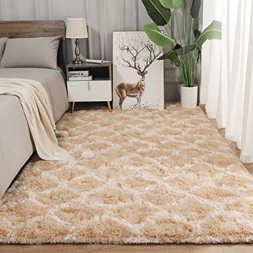 Keeko 5x8 Living Room Area Rug, Beige and White Fluffy Fuzzy Rug Rugs for Living Room Bedroom Modern Indoor Carpet Geometric Shaggy Large Area Rug for Nursery Kids Farmhouse Dorm Classroom Decor 5