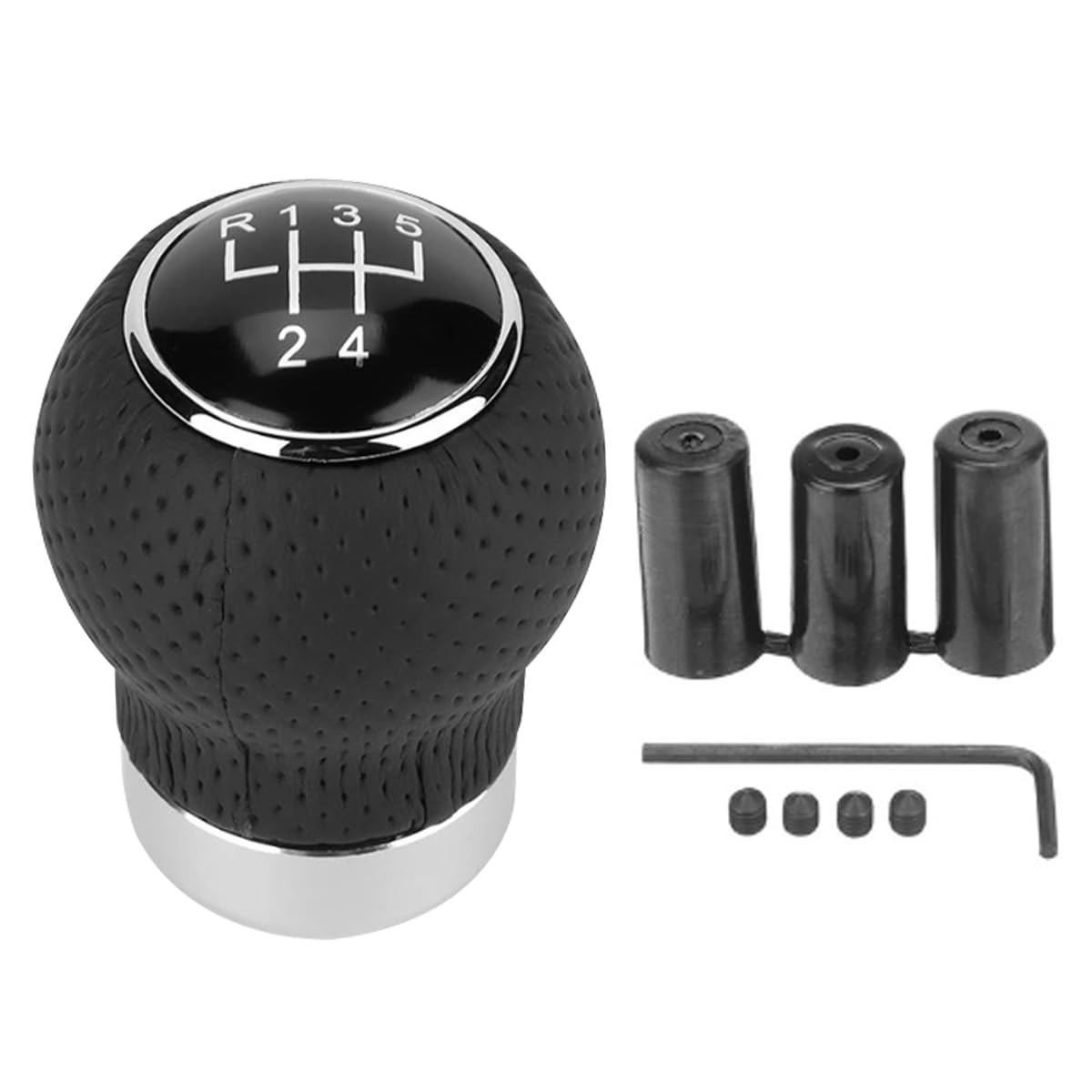 Car Shift Knob - 5 Speed Transmission Head, Black Leather Handle, Universal Lever Kit for Automatic or Manual Gear (Black 5-Stop R, Round)