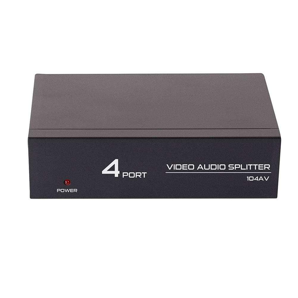 DTECH Powered 4 Way 3 RCA Splitter Box 1 in 4 Out Composite Video Audio Distribution Duplicator with Power Adapter Compatible with Gaming Console to TV Projector Video Capture Card 2