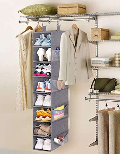 KIMBORA 8-Shelf Hanging Shoe Organizer with 8 Side Mesh Pockets Shoe Holder for Closet Hat Rack, Grey 2