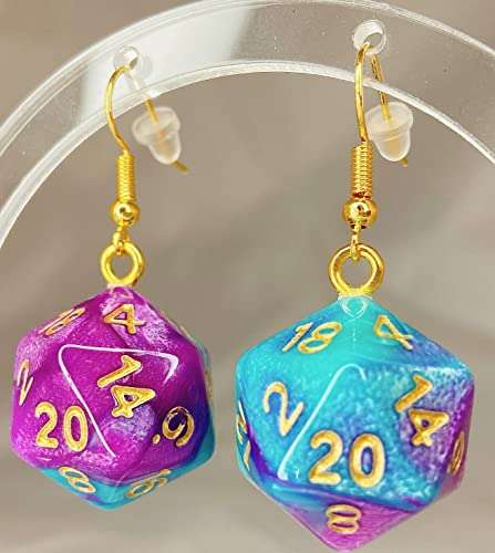 d20 20-Sided Polyhedral Dice Earrings - Hook with Earnuts (Light Blue-Purple Swirl) 3