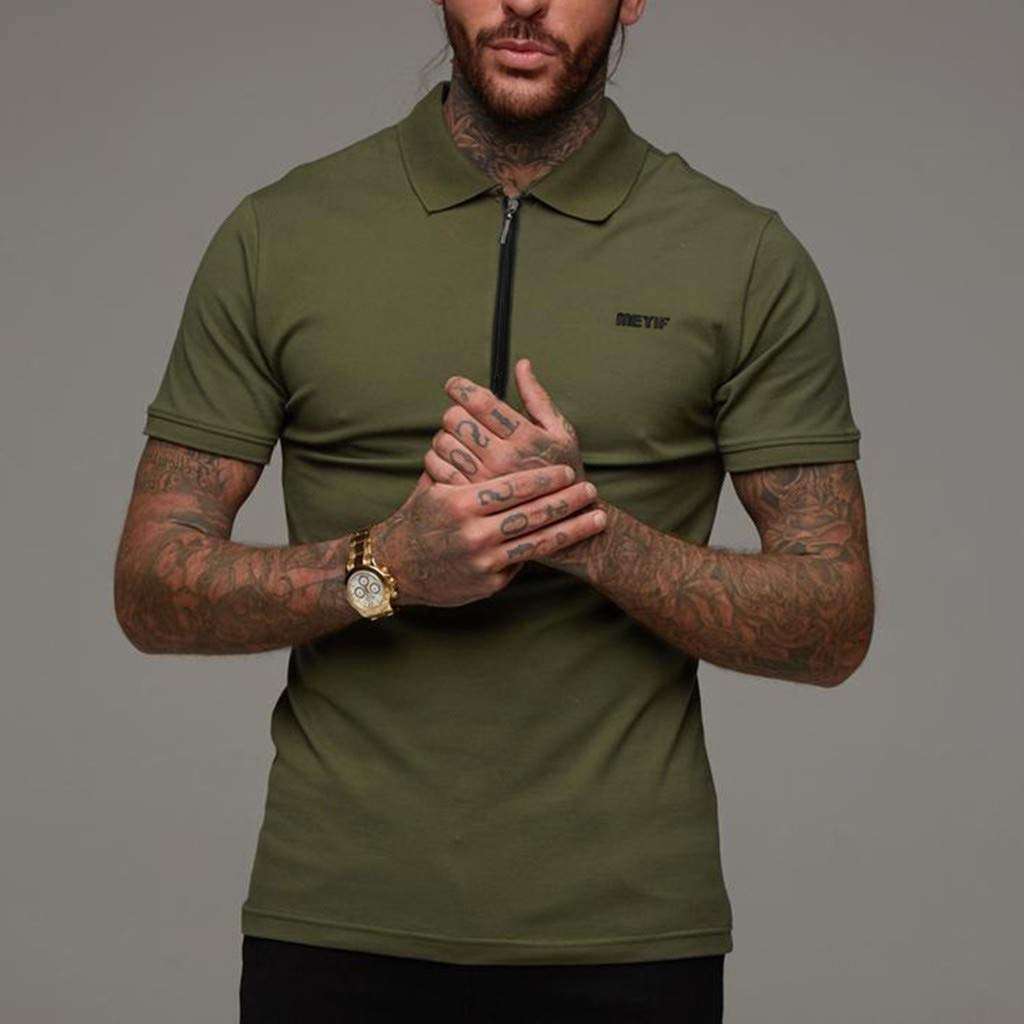 Men Shirts Fashion Short Sleeve Slim Fit Sports Bodybuilding Fitness Muscle Cotton Polo T Shirts Tops (L, Green) 2