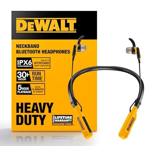 DEWALT Heavy Duty Bluetooth Neckband Headphones, Wireless Around The Neck Earbuds w/ 30H Runtime + Noise Isolation, Secure Magnetic Wireless Earbuds, Jobsite Pro Built-in Mic Bluetooth Headsets