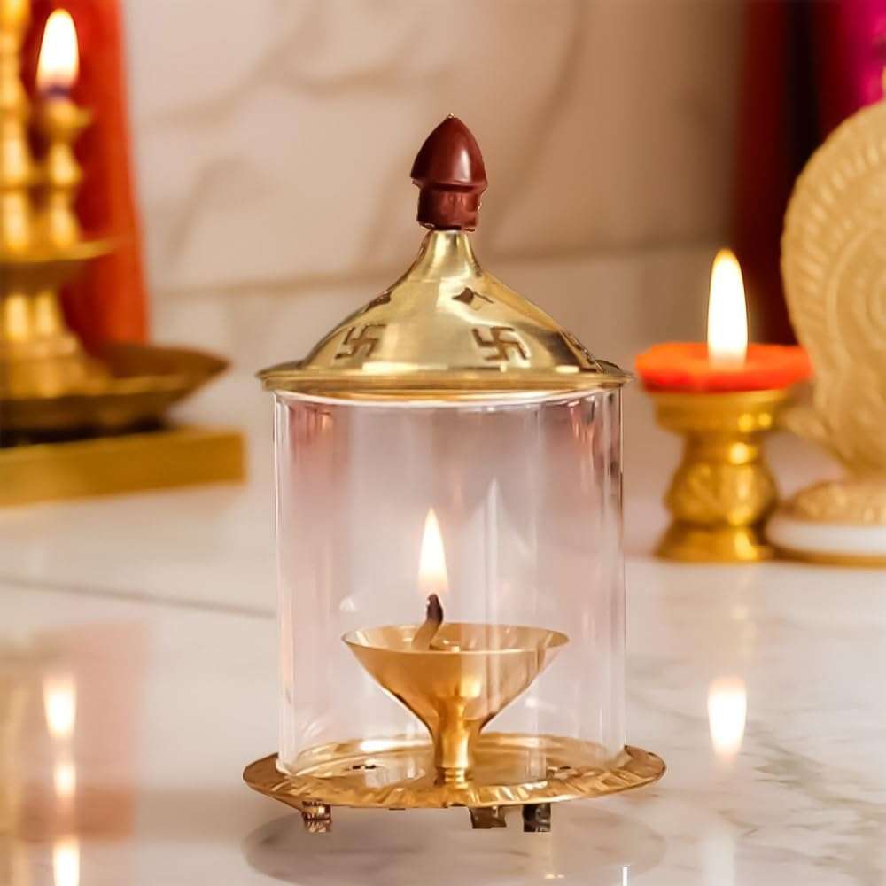 Heaven Decor Brass and Glass akhand deep Diya with Cover for Puja | Deepam Jyot Diya Oil Lamp | Pooja Articles and Pooja Items for Home Temple 4.8 inch 1
