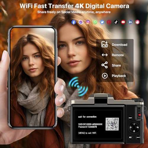 4K Digital Camera for Photography 64MP WiFi Vlogging Camera for YouTube Autofocus 3" 180° Flip Screen 16X Zoom Compact Travel Cameras with Anti-Shake, SD Card, 2 Batteries & Battery Charger 4