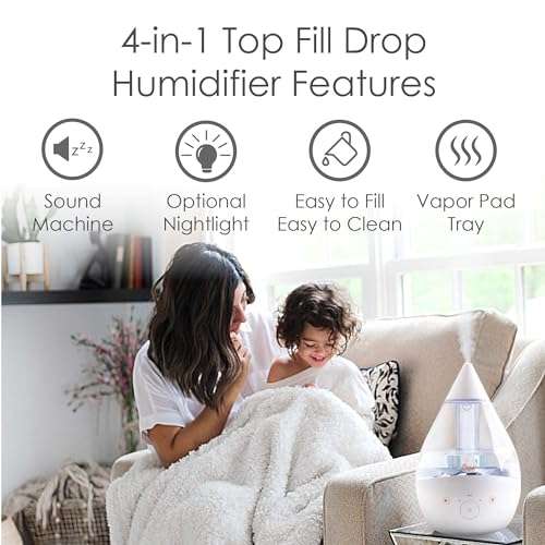 Crane White Drop 4 in 1 Ultrasonic Cool Mist Top Fill Humidifier with Sound Machine, 1 Gallon Tank, For Large Rooms, Clear and White, Baby Nursery Humidifier 2