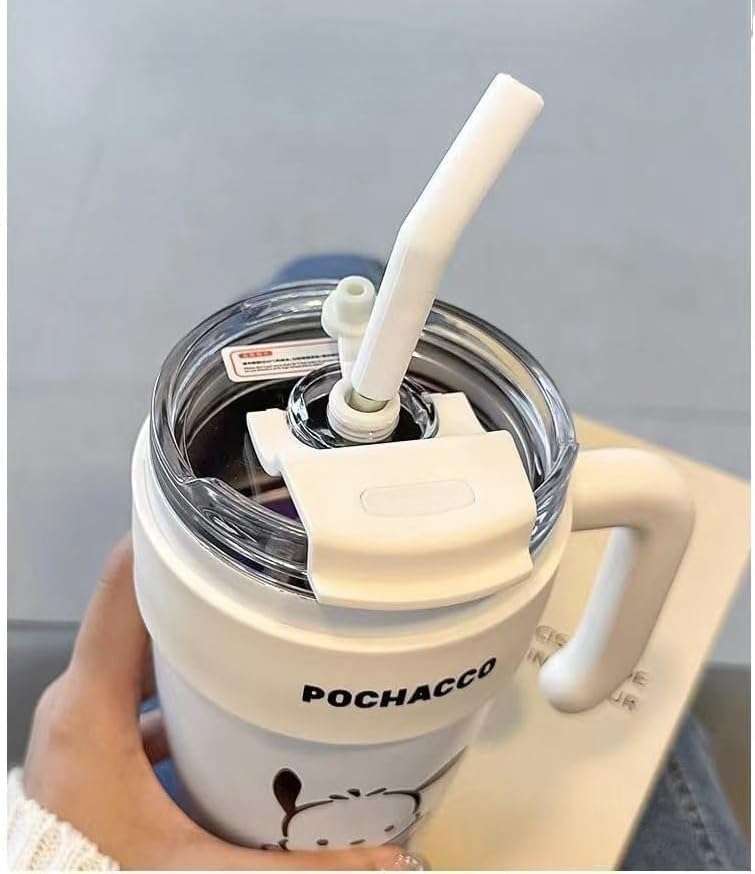 TAGUDA 860ml Cute Straw Tumbler with Handle, Insulated Stainless Steel Cartoon Travel Cup with Lid & Straw, Leak Proof Reusable Drinking Mug for Kids Girls Women (White) 4