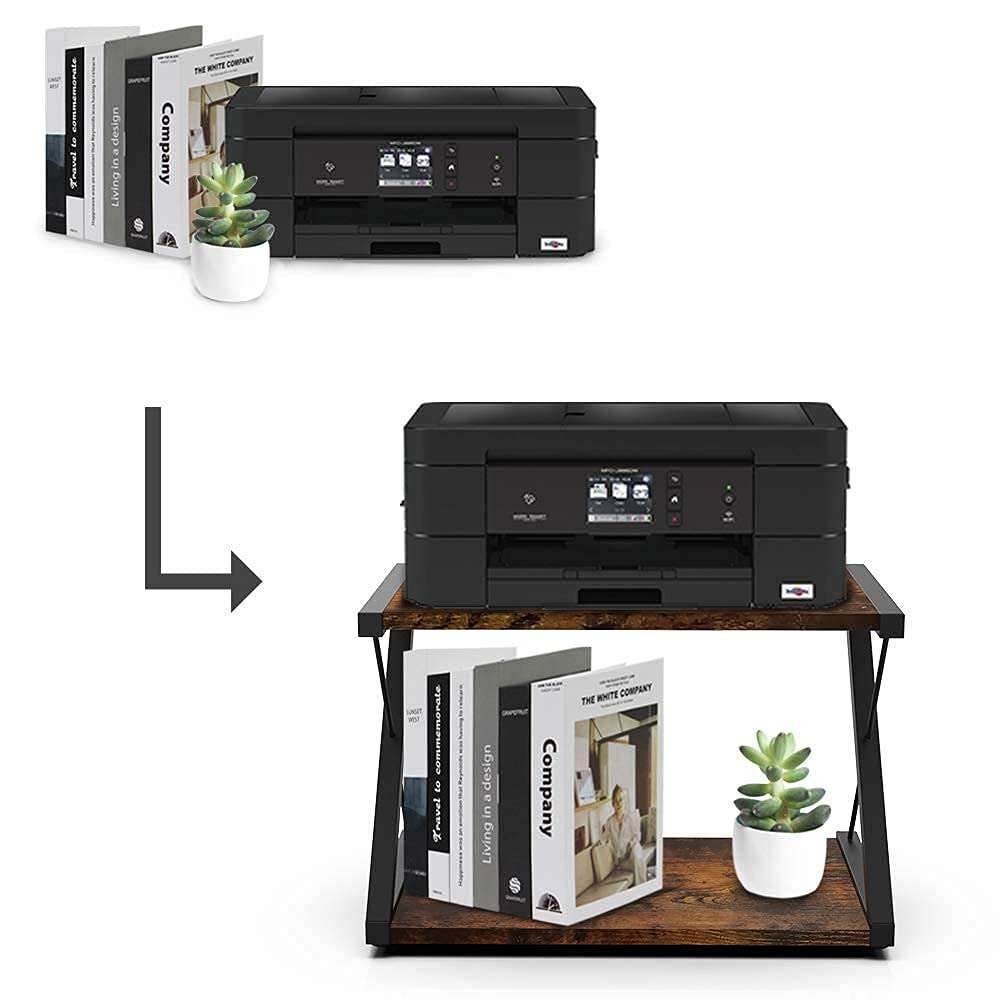 VEDECASA Rustic Wooden Desktop Printer Stand 2 Tier Printer Shelf Farmhouse Industrial Vintage Wood Table Side Storage Organizer for Home Office X Shaped Under Desk Printer Stand 6