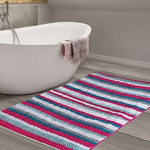 AJS Living Anti Slip Cotton Microfiber Striped Line Design Bathmat Rug, Door Floor Bath Mat for Home & Bathroom, Pink, 80*50 cm, Single 1